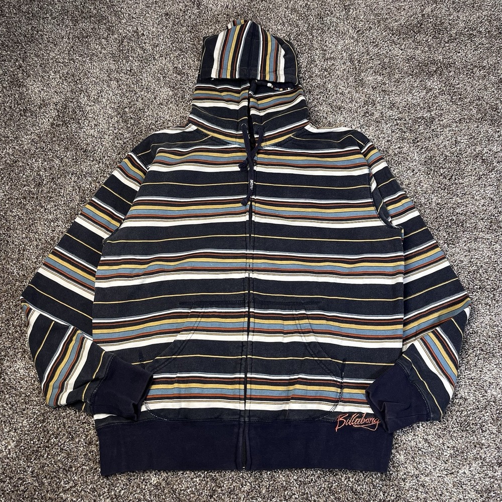 Vintage Billabong Striped Zip Hoodie Mens Size Med Surfer Grunge Distressed Y2K